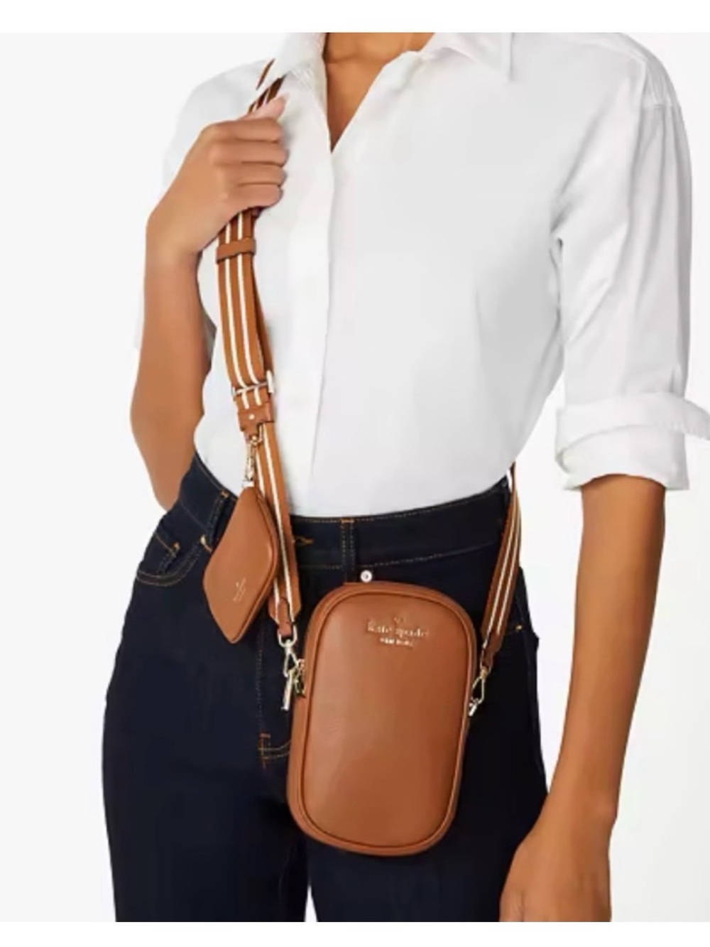 NWT Kate Spade Pebbled Tan Leather Crossbody Phone with Strap Gold Hardware